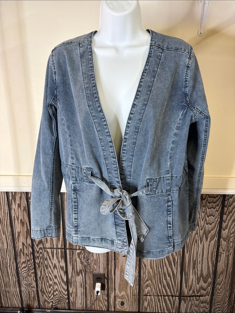 Washed Blue Tie-Waist Denim Jacket